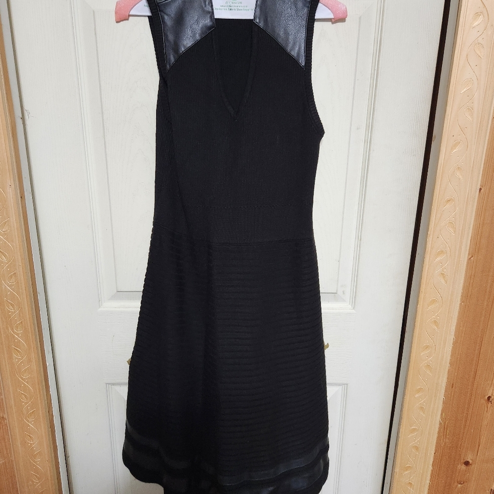 Calvin Klein Black Midi Dress with Leather Accents - Picture 4 of 11